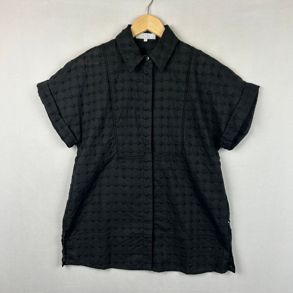 Pearl by Lela Rose Black Button Up Patterned Shirt Short Sleeve Women's Size S